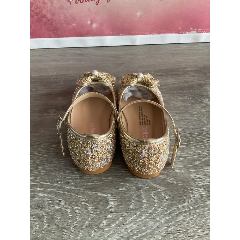 Flats Sparkly Gold With Strap (Size T6.5)